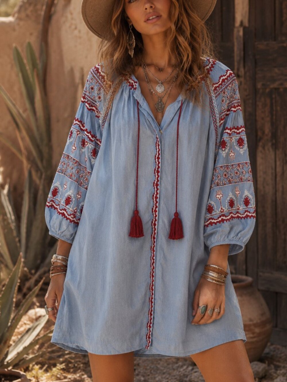Zara Embroidered Oversized Blue Red Boho Peasant Tunic Top Mini Dress S Western